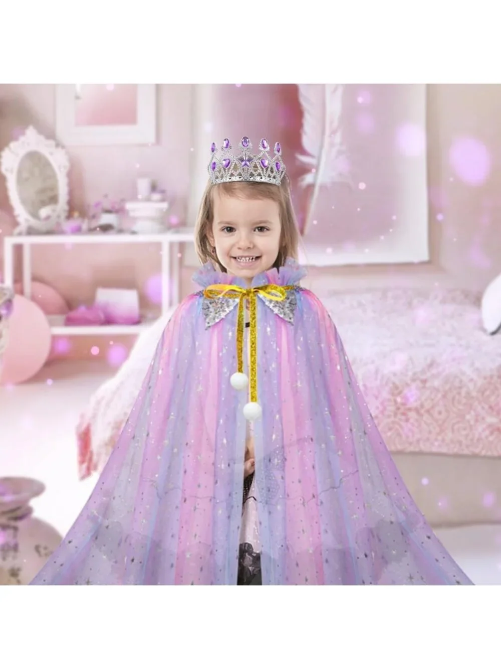 Princess Dress Up Cape with Crown & Tutu Costume Set for Girls Ages 3-8-Purple